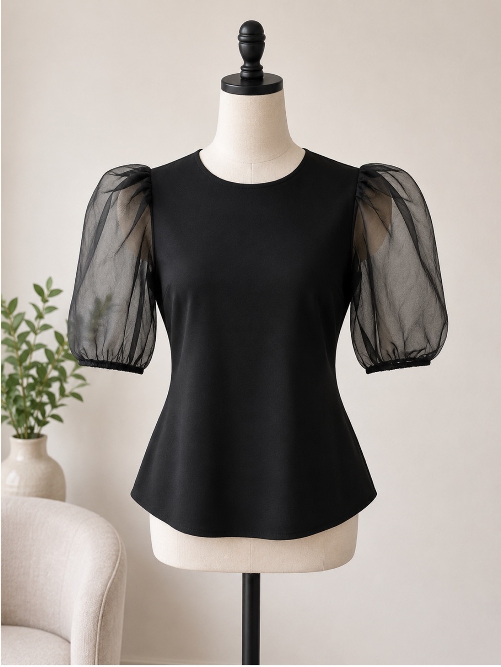 ZARA Black Organza Puff Sleeve Peplum Top Size Large